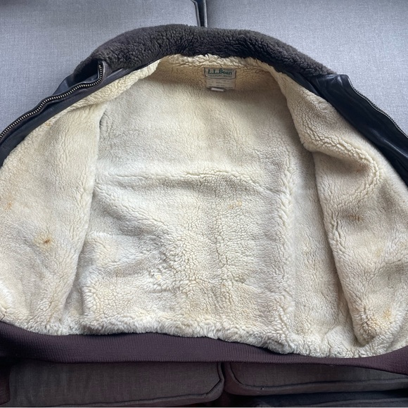 Vintage LL Bean Bomber Jacket Mens 42 Long Shearling Goatskin Brown Leather. - Picture 4 of 10